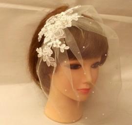 Wedding - 10% off Sale White Ivory Tulle birdcage veil w Lace fascinator Diamonte Pearls Bridal veil Blusher veil Bandeaue veil