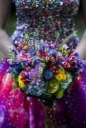 Sequined wedding dress + brightly colored bouquet = happy eyes