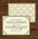 Knots and Kisses Wedding Stationery: Art Deco Train Travel Themed Save the Date Cards