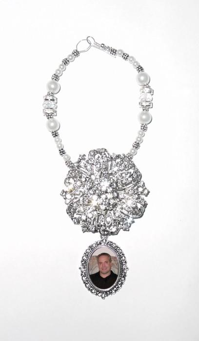 زفاف - Wedding Bouquet Memorial Photo Timeless Old World Charm Crystal Gems Pearls Silver Tibetan Beads - FREE SHIPPING