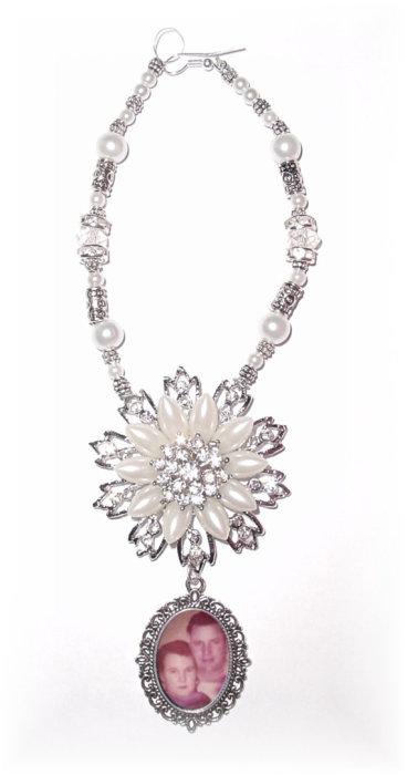 Свадьба - Wedding Bouquet Memorial Photo Timeless Elegance Charm Crystal Gems Pearls Silver Tibetan Beads - FREE SHIPPING
