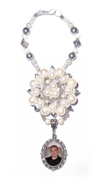Свадьба - Wedding Bouquet Memorial Photo Charm Crystal Gems Pearls Silver Tibetan Beads - FREE SHIPPING