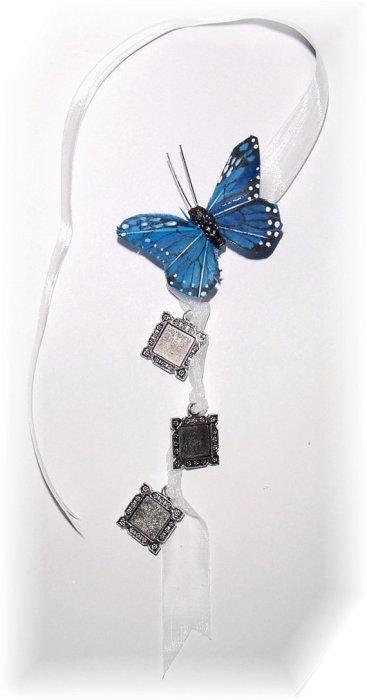 Wedding - DIY - Wedding Bouquet Memorial Triple Silver Square Blue Butterfly Photo Ribbon Mini Charm