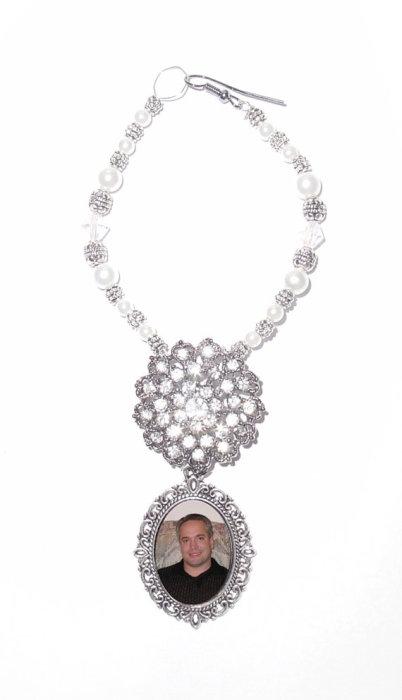 Hochzeit - Wedding Bouquet Memorial Photo Oval Metal Charm Crystal Gems Pearls Silver Diamond Tibetan Beads - FREE SHIPPING
