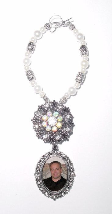 Свадьба - Wedding Bouquet Memorial Photo Oval Metal Charm Antiqued Silver Iridescent Crystal Gems Pearls Tibetan Beads - FREE SHIPPING