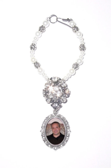 Wedding - Wedding Bouquet Memorial Photo Oval Metal Charm Crystal Gems Pearls Silver Diamond Tibetan Beads - FREE SHIPPING