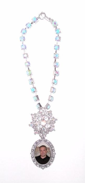 زفاف - Wedding Bouquet Memorial Photo Oval Metal Charm Crystal Gems Something Baby Blue - FREE SHIPPING