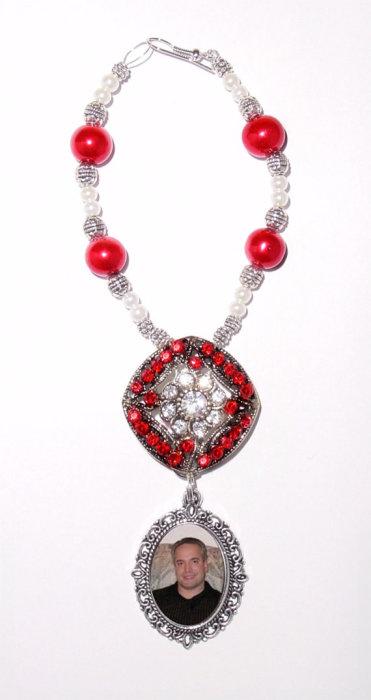 Wedding - Wedding Bouquet Memorial Photo Oval Metal Charm Cherry Red Crystal Gems Pearls Diamond Tibetan Beads - FREE SHIPPING