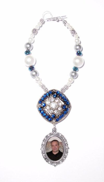 Wedding - Wedding Bouquet Memorial Photo Oval Metal Charm Something Royal Blue Crystal Gems Pearls Diamond Tibetan Beads - FREE SHIPPING