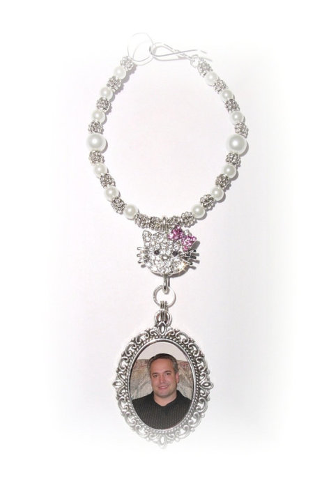زفاف - Wedding Bouquet Memorial Hello Kitty Photo Oval Metal Charm Crystal Gems Pearls Silver Diamond Tibetan Beads - FREE SHIPPING