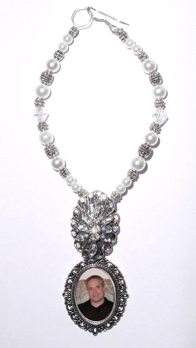 Mariage - Wedding Bouquet Memorial Photo Charm Crystal Gems Pearls Silver Tibetan Beads - FREE SHIPPING