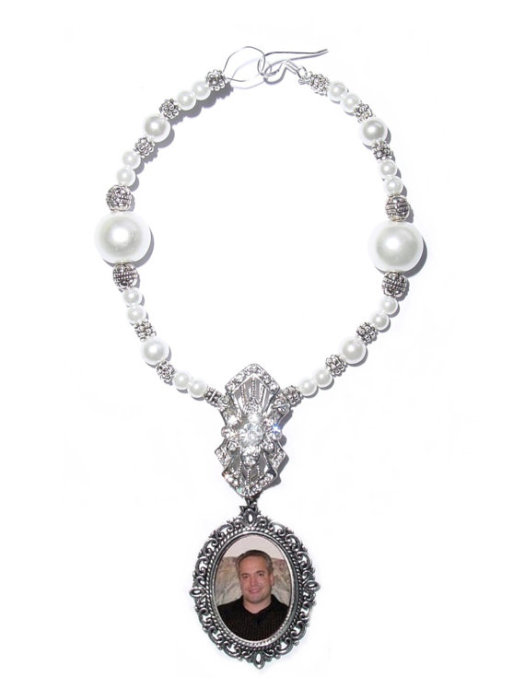 Mariage - Wedding Bouquet Memorial Photo Oval Metal Charm Crystal Gems Pearls Silver Victorian Diamond Tibetan Beads - FREE SHIPPING