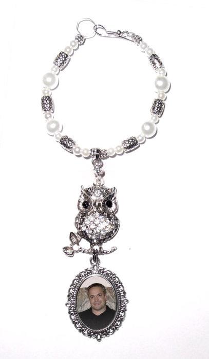 Wedding - Wedding Bouquet Memorial Photo Metal Charm Silver Owl Crystals Gems Pearls Silver Tibetan Beads - FREE SHIPPING