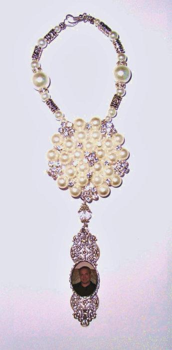 Wedding - Wedding Bouquet Memorial Photo Charm Crystal Gems White Cream Pearls Filigree Silver Tibetan Beads - FREE SHIPPING