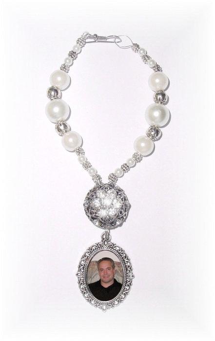 زفاف - Wedding Bouquet Memorial Photo Oval Metal Charm Round Crystal Gems Pearls Antiqued Silver Diamond Tibetan Beads - FREE SHIPPING