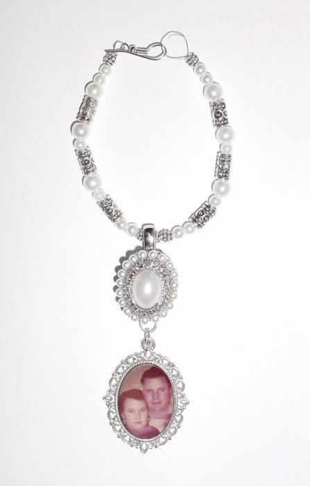 Wedding - Wedding Bouquet Memorial Photo Old World Charm Crystal Gems Pearls Silver Tibetan Beads - FREE SHIPPING