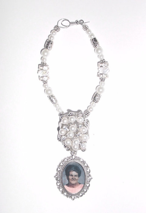 Wedding - Wedding Bouquet Memorial Photo Old World Romance Charm Crystal Gems Pearls Tibetan Beads - FREE SHIPPING