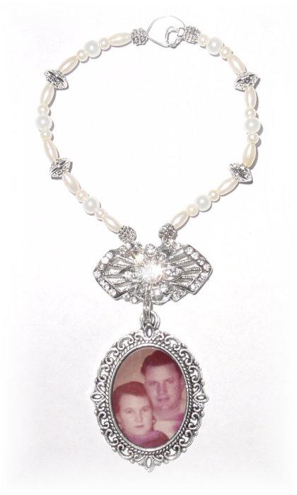 Свадьба - Wedding Bouquet Memorial Photo Oval Metal Charm Crystal Gems Silver Diamond Tibetan Beads - FREE SHIPPING