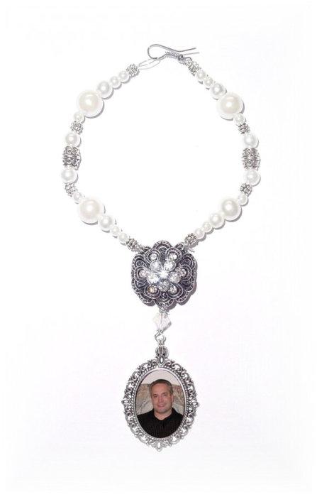 زفاف - Wedding Bouquet Memorial Photo Oval Metal Charm Crystal Gems Pearls Peony Silver Old World Diamond Tibetan Beads - FREE SHIPPING
