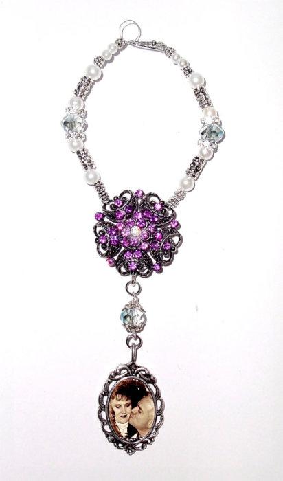 Свадьба - Wedding Bouquet Memorial Photo Oval Metal Charm Purple Smoky Blue Crystal Gems Pearls Silver Tibetan Beads - FREE SHIPPING
