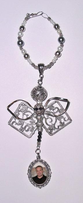 Mariage - Wedding Bouquet Memorial Photo Charm Dragonfly Gems Pearls Filigree Antiqued Silver Tibetan Beads - FREE SHIPPING
