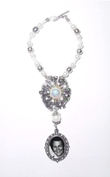 Свадьба - Wedding Bouquet Memorial Antiqued Photo Oval Metal Charm Crystal Gems Pearls Silver Tibetan Beads - FREE SHIPPING