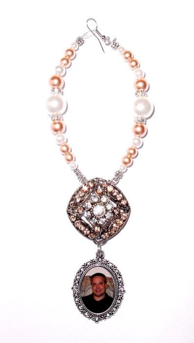 Свадьба - Wedding Bouquet Memorial Photo Oval Metal Charm Misty Peach Crystal Gems Pearls Diamond Tibetan Beads - FREE SHIPPING