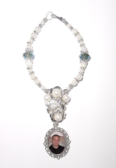 Mariage - Wedding Bouquet Memorial Photo Charm Something Blue Splendor Gems Diamonds Pearls Tibetan Beads - FREE SHIPPING