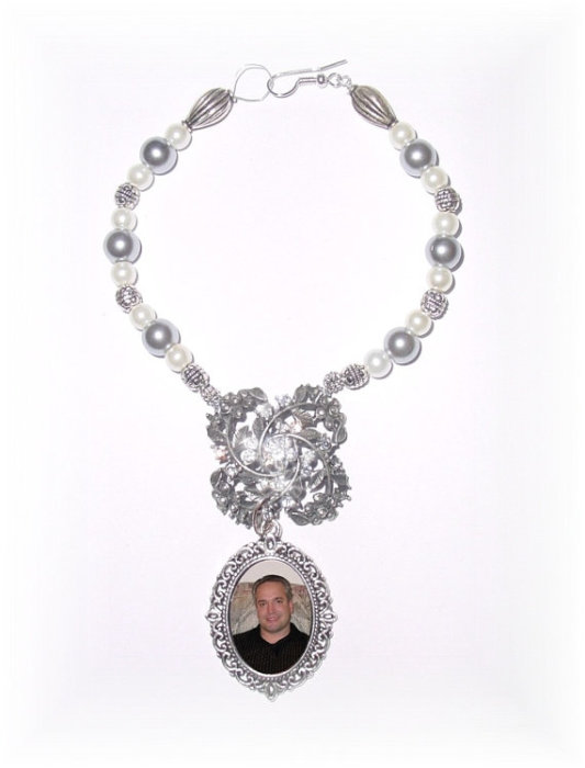 زفاف - Wedding Bouquet Memorial Photo Charm Oval Antiqued Metal Crystal Gems Pearls Silver Tibetan Beads - FREE SHIPPING