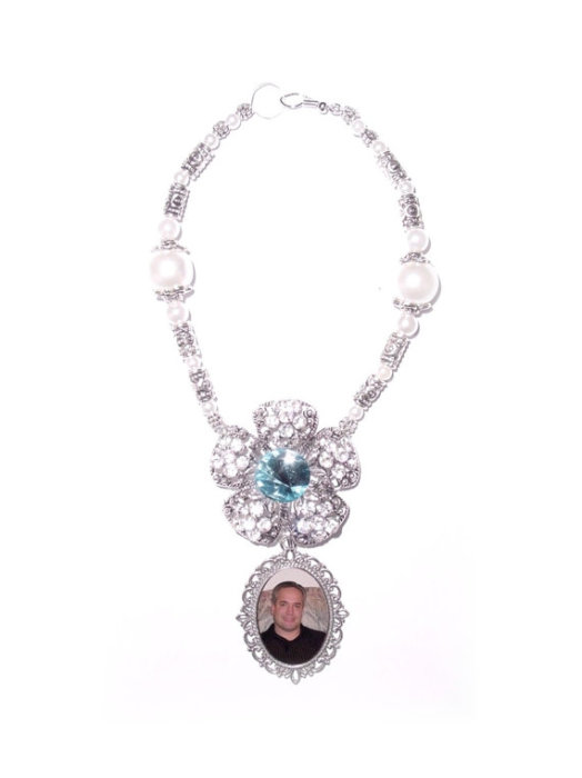 Свадьба - Wedding Bouquet Memorial Photo Oval Metal Charm Daisy Crystal Gems Something Baby Blue Pearls Silver Diamond Tibetan Beads - FREE SHIPPING