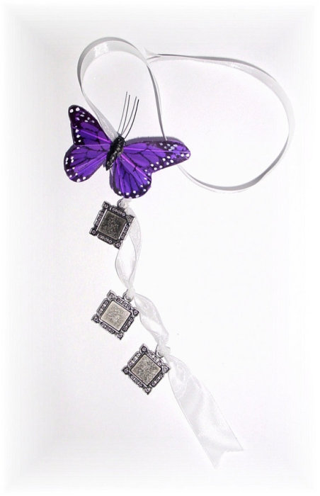 Свадьба - DIY - Wedding Bouquet Memorial Triple Silver Square Royal Purple Butterfly Photo Ribbon MINI Charm