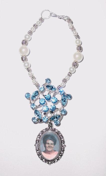 Hochzeit - Wedding Bouquet Memorial Photo Oval Something Blue Metal Charm Crystal Gems Pearls Silver Diamond Tibetan Beads - FREE SHIPPING