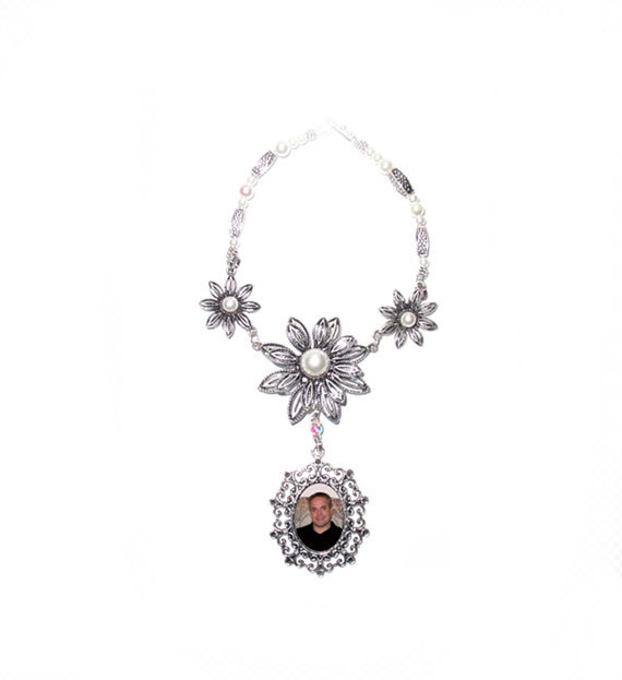 Hochzeit - Wedding Bouquet Memorial Photo Charm Antiqued Silver Old World Charm Crystal Gems Pearls Tibetan Beads Daisy - FREE SHIPPING