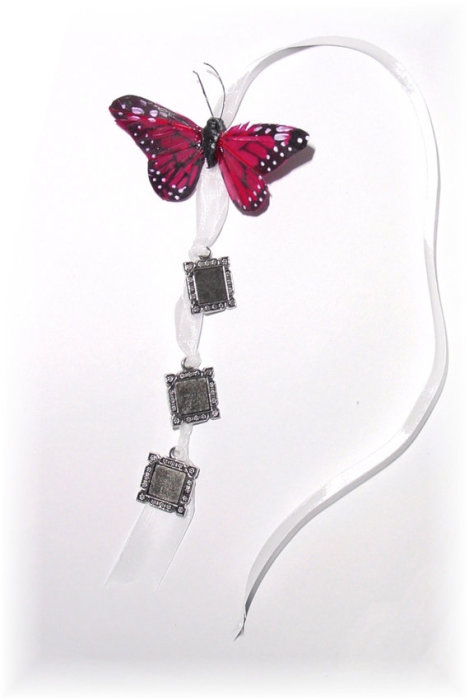 Mariage - DIY - Wedding Bouquet Memorial Triple Silver Square Fuchsia Pink Butterfly Photo Ribbon Mini Charm