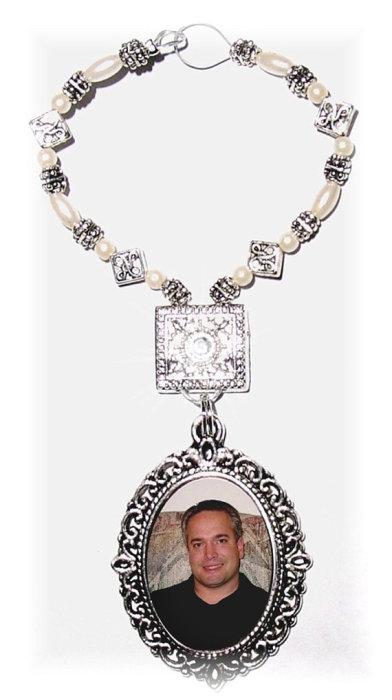 Hochzeit - Wedding Bouquet Memorial Photo Oval Metal Charm Crystal Gem Freshwater Pearls Silver Tibetan Beads - FREE SHIPPING