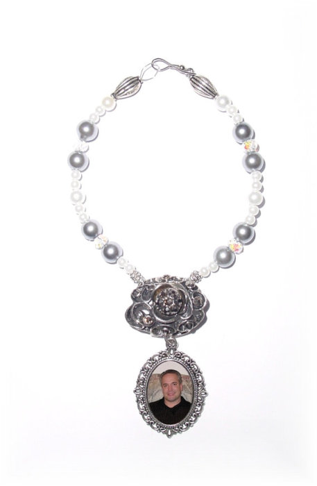 Hochzeit - Wedding Bouquet Memorial Photo Oval Antiqued Silver Filigree Metal Charm Black Onyx Crystal Gems Pearls - FREE SHIPPING