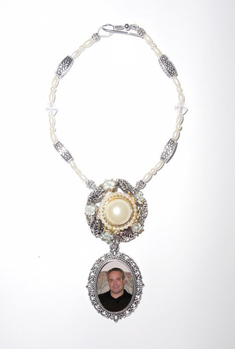 Свадьба - Wedding Bouquet Memorial Photo Old World Oval Metal Charm Crystal Gems Pearls Tibetan Beads - FREE SHIPPING