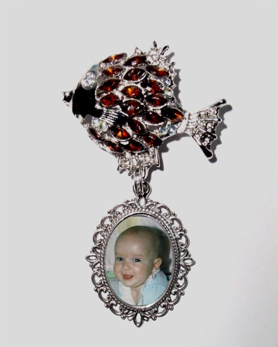 Mariage - Memorial Photo Brooch Antiqued Amber Gold Fish Silver Crystal Gem - FREE SHIPPING