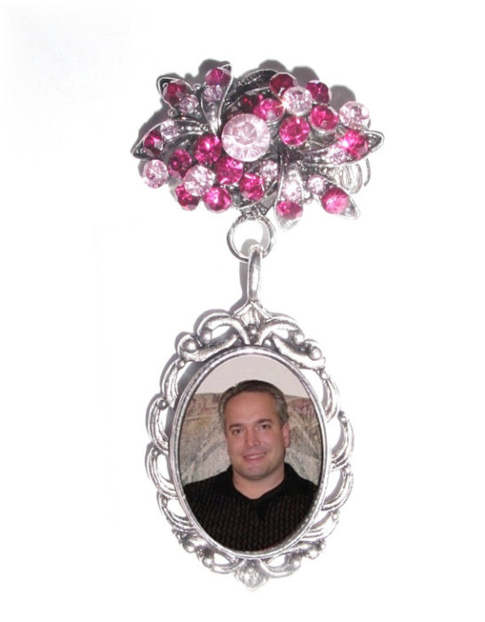 Wedding - Memorial Photo Brooch Oval Metal Charm Old World Pink Crystals Gems - FREE SHIPPING