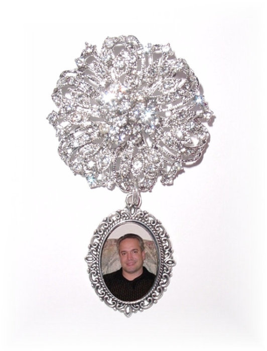 زفاف - Memorial Photo Timeless Old World Charm Brooch Crystal Gems Silver - FREE SHIPPING