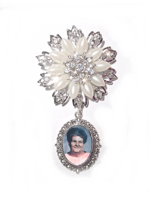 Wedding - Memorial Photo Timeless Elegance Brooch Charm Crystal Gems Pearls Silver - FREE SHIPPING