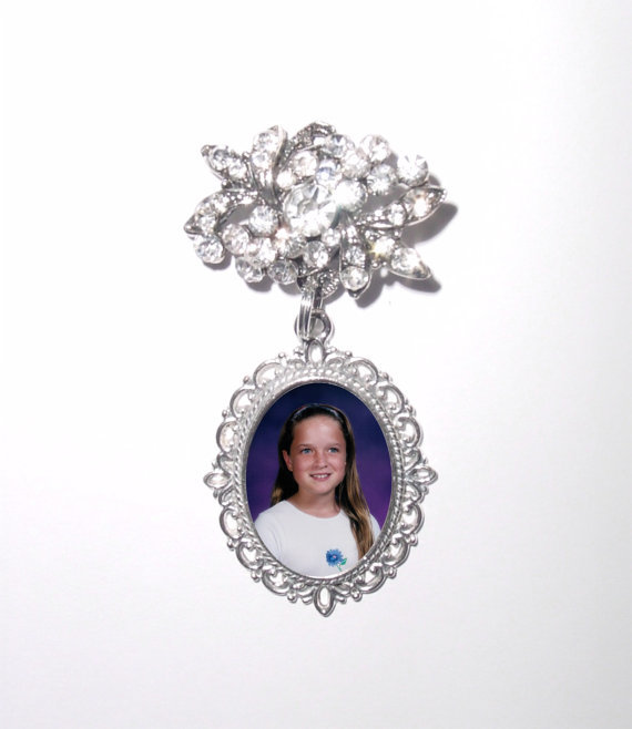 Wedding - Memorial Photo Brooch Old World Elegance and Charm Antiqued Silver Crystal Gem - FREE SHIPPING