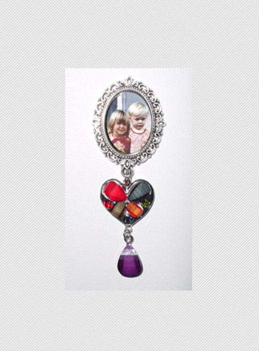 زفاف - Memorial Photo Brooch Silver Multi Colored Heart Crystal Gems - FREE SHIPPING
