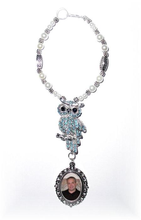 Hochzeit - Wedding Bouquet Memorial Photo Metal Charm Something Blue Owl Crystals Gems Pearls Silver Tibetan Beads - FREE SHIPPING