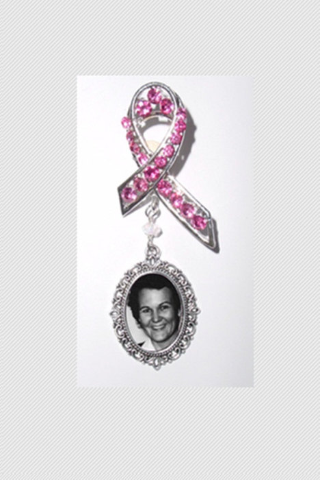 Wedding - Pink Ribbon Memorial Brooch with Silver Photo Charm Crystals - FREE SHIPPING