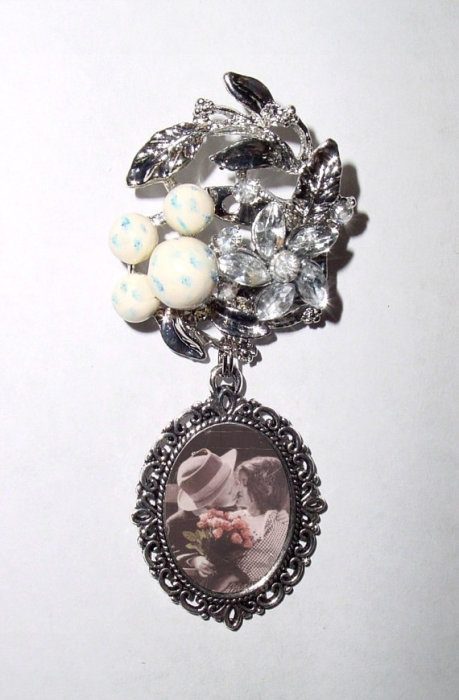 Hochzeit - Memorial Photo Brooch Silver Victorian Floral Crystal Gems Robin Egg Pearls Beads - FREE SHIPPING