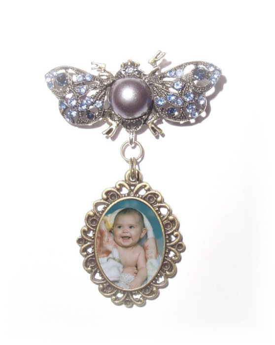 Wedding - Memorial Photo Brooch Butterfly Silver Pearl Bronze Crystal Blue Gems - FREE SHIPPING