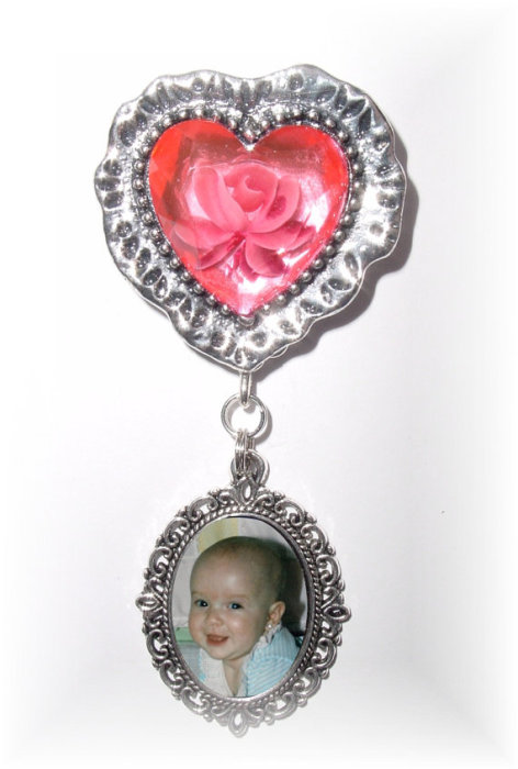 Wedding - Memorial Photo Charm Brooch Pinkish Red Rose Silver Heart - FREE SHIPPING