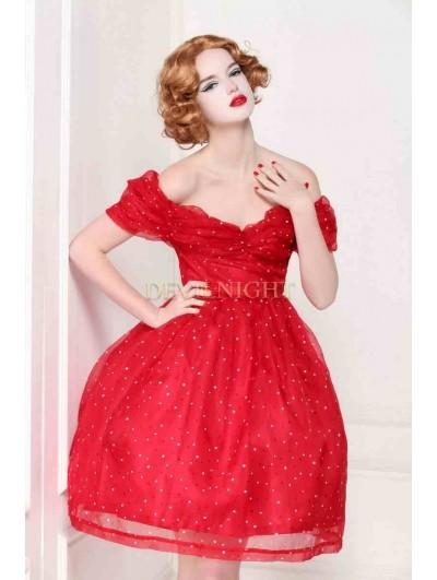 Mariage - Red Off-the-Shoulder Dot 1950 Vintage Party Dress