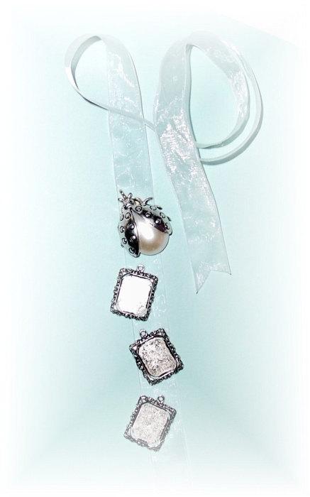 Свадьба - DIY - Wedding Bouquet Memorial Triple Silver Square Pearl Ladybug Photo Ribbon Mini Charm